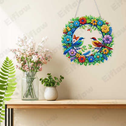 Eiflow Acrylic Diamond Art Hanging Kit for Adults Bird, DIY Diamonds Painting Door Hanging Board Kit, Special Crystal Diamond Art Painting Pendant Ornament (Wreath)