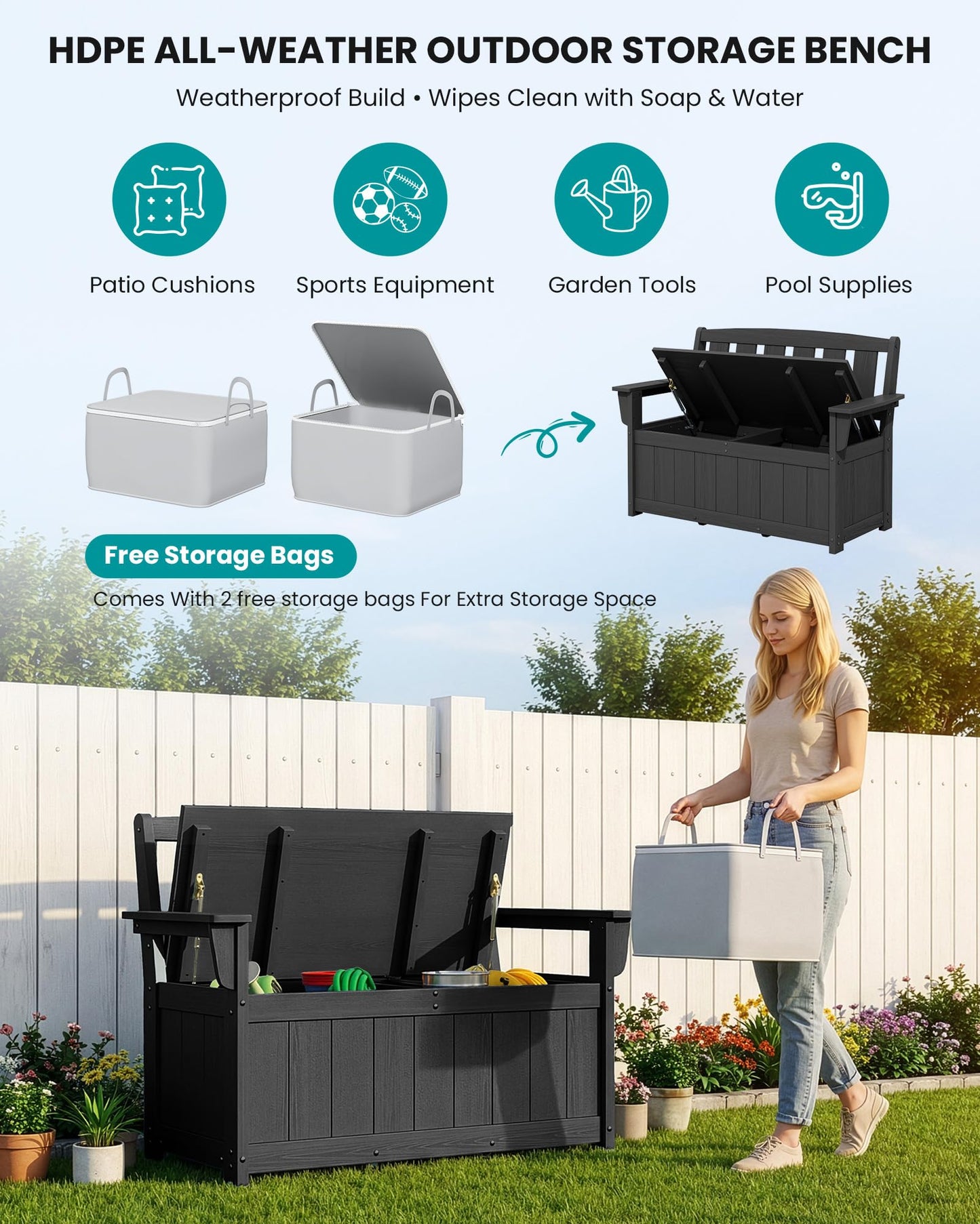 SERWALL HDPE Outdoor Storage Bench, All-Weather, UV-Resistant Deck Box with Waterproof Storage Bags, 57 Gallon Dual-Use Seat & Organizer Deck Boxes for Patio, Garden Tools & Pool (Dark Black)