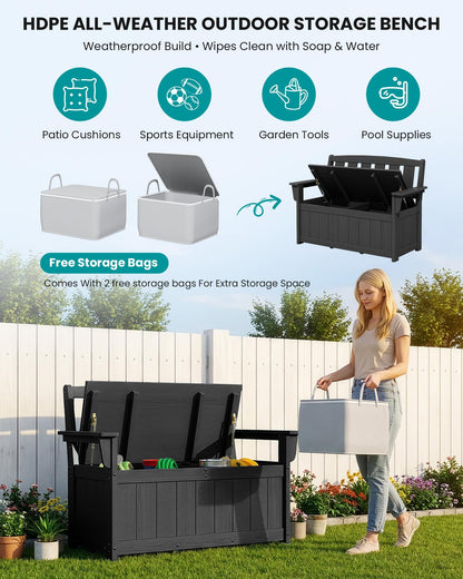 SERWALL HDPE Outdoor Storage Bench, All-Weather, UV-Resistant Deck Box with Waterproof Storage Bags, 57 Gallon Dual-Use Seat & Organizer Deck Boxes for Patio, Garden Tools & Pool (Dark Black)