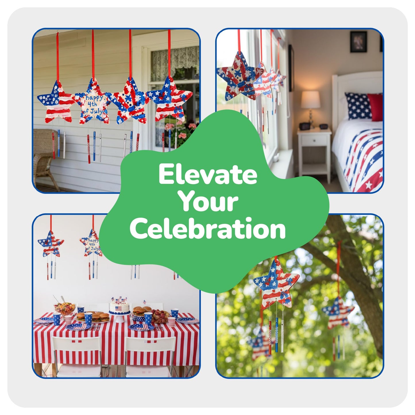 ArtCreativity Patriotic DIY Wind Chime Kit for Kids - 9 Pack - Wooden Wind Chime Set with Paint Kit, Rhinestone Flower Stickers, 105 Stickers, and More - July 4th Arts and Crafts for Kids 3 and Up