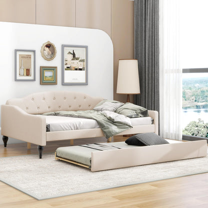YOPTO Full Size Linen Upholstered Tufted Daybed with Twin Size Trundle,Sofa Bed,No Box Spring Needed, Furniture for Bedroom Living Room Guest Room,Beige