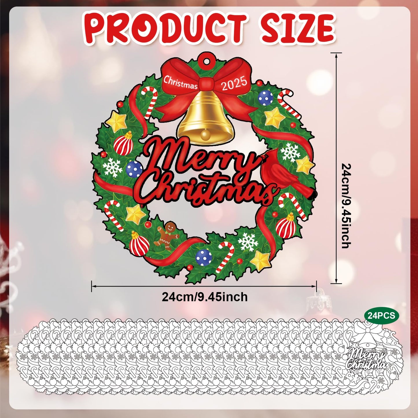 Sereliy 24 Pcs Christmas Coloring Wreath Crafts, Color Your Own Christmas Crafts, DIY Paper Xmas Wreath for Classroom Activities, Games. (Bell)