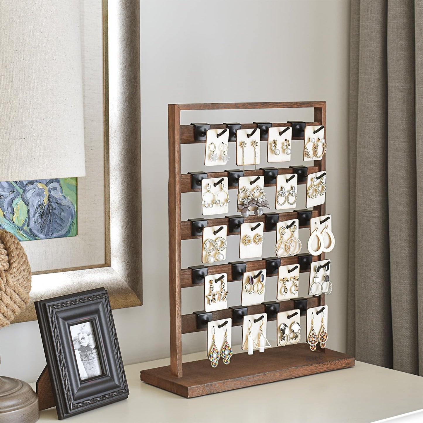 Ikee Design 5 Tiers Free Assemble Wooden Jewelry Display Rack with 20 Removable Metal Hooks,Earring Card Display Stand,Jewelry Organizer,Bracelet Organizer,Keychain Display Stand,Brown Color