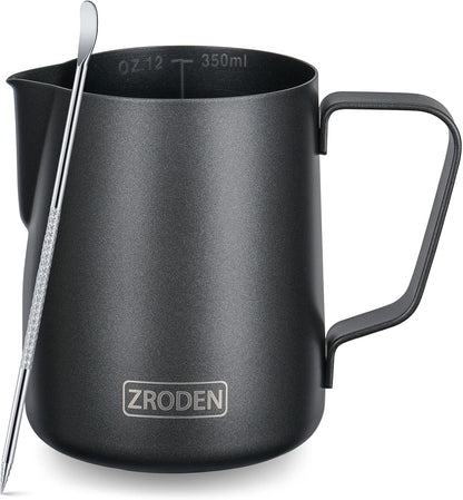 Milk Frothing Pitcher, 12oz Stainless Steel Espresso Steaming Jug, Barista Tools for Cappuccino Coffee, Matte Black