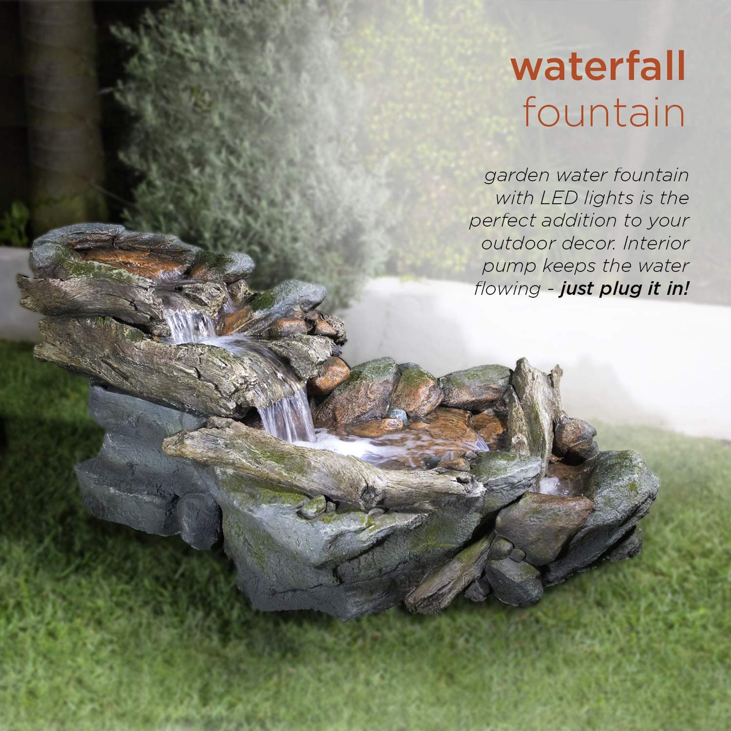 Alpine Corporation | 60"L Outdoor 3-Tier Rainforest Rock River Hand-Painted Water Fountain with LED Lights — Garden, Patio & Yard Décor