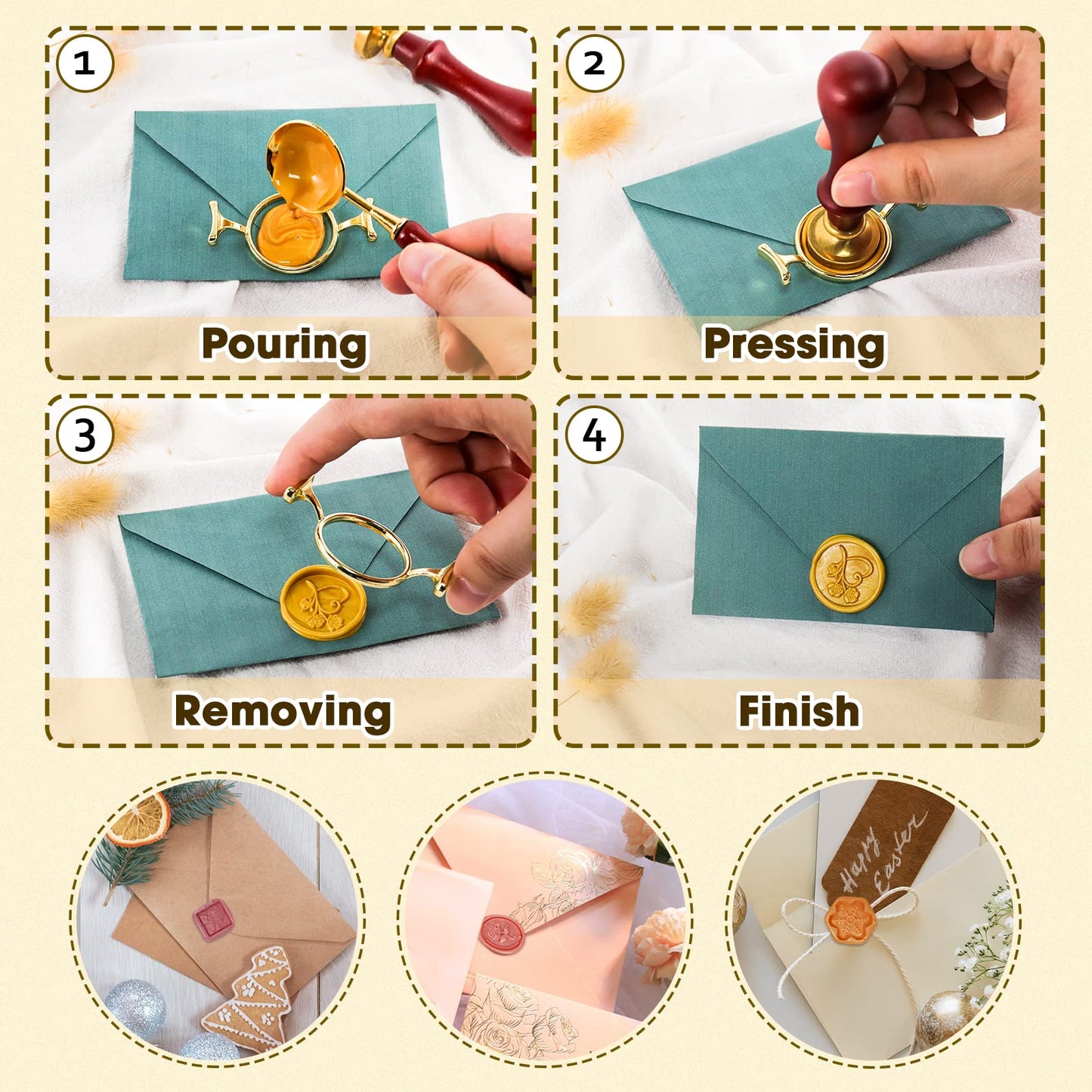 Yelsky 6PC Metal Wax Seal Kit with Round Flower Oval Square Hexagonal Mold Shapes for Stamp, Silicone Mat for Sealing, Wax Mold for Wedding, Valentine's Day Cards/Letters