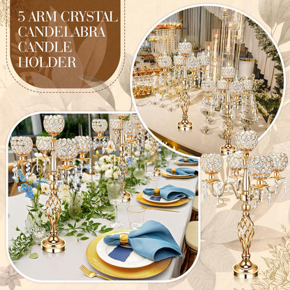Nitial 4 Pcs 5 Arm Crystal Candelabra Centerpieces for Table 27 Inch Retro Victorian Crystal Candle Holders Bowl Table Centerpieces Decor for Wedding Banquet Valentine Dinner Party Event (Gold)