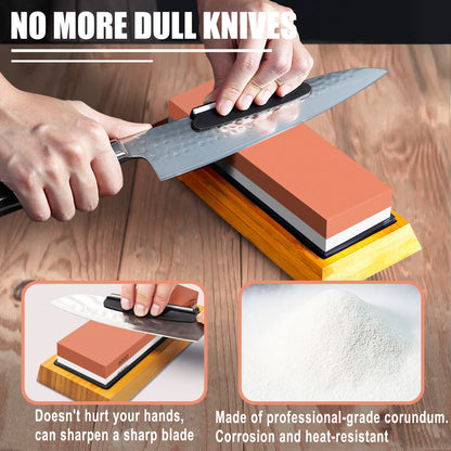 HMPLL Knife Sharpening Stone Set, Professional Whetstone 4 Side Grit 400/1000 3000/8000, Whetstone Knife Sharpener Stone Set Include Non-slip Base, Leather Strop, Flattening Stone & Angle Guide