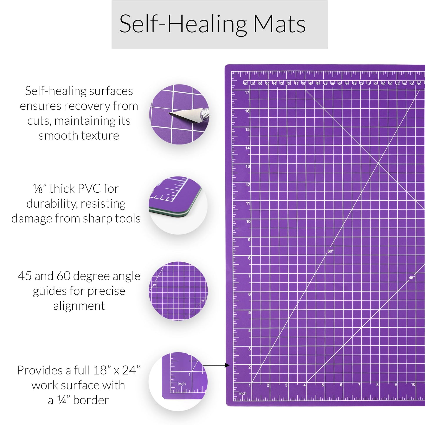 Breman Precision 18x24 Inch Self Healing Cutting Mat – 2-Sided 5-Ply PVC Purple/Gray Cutting Mats for Crafts, Sewing, Quilting & DIY Projects with Durable Non-Slip Surface and Precise Grid Lines