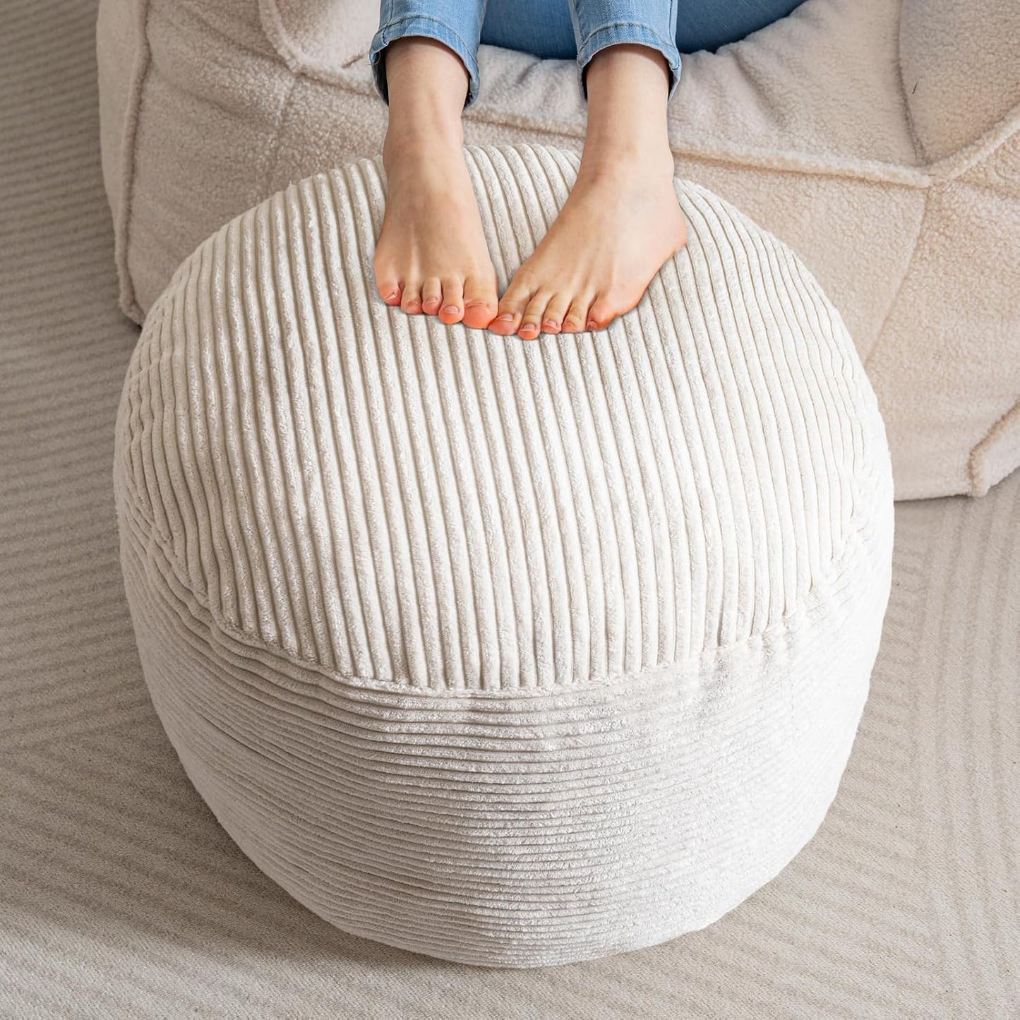 26 18 HIGOGOGO Round Stuffed Pouf Ottoman, Corduroy Poufs with Foam Chunk Filling, Corduroy Pouf Foot Stool Storage