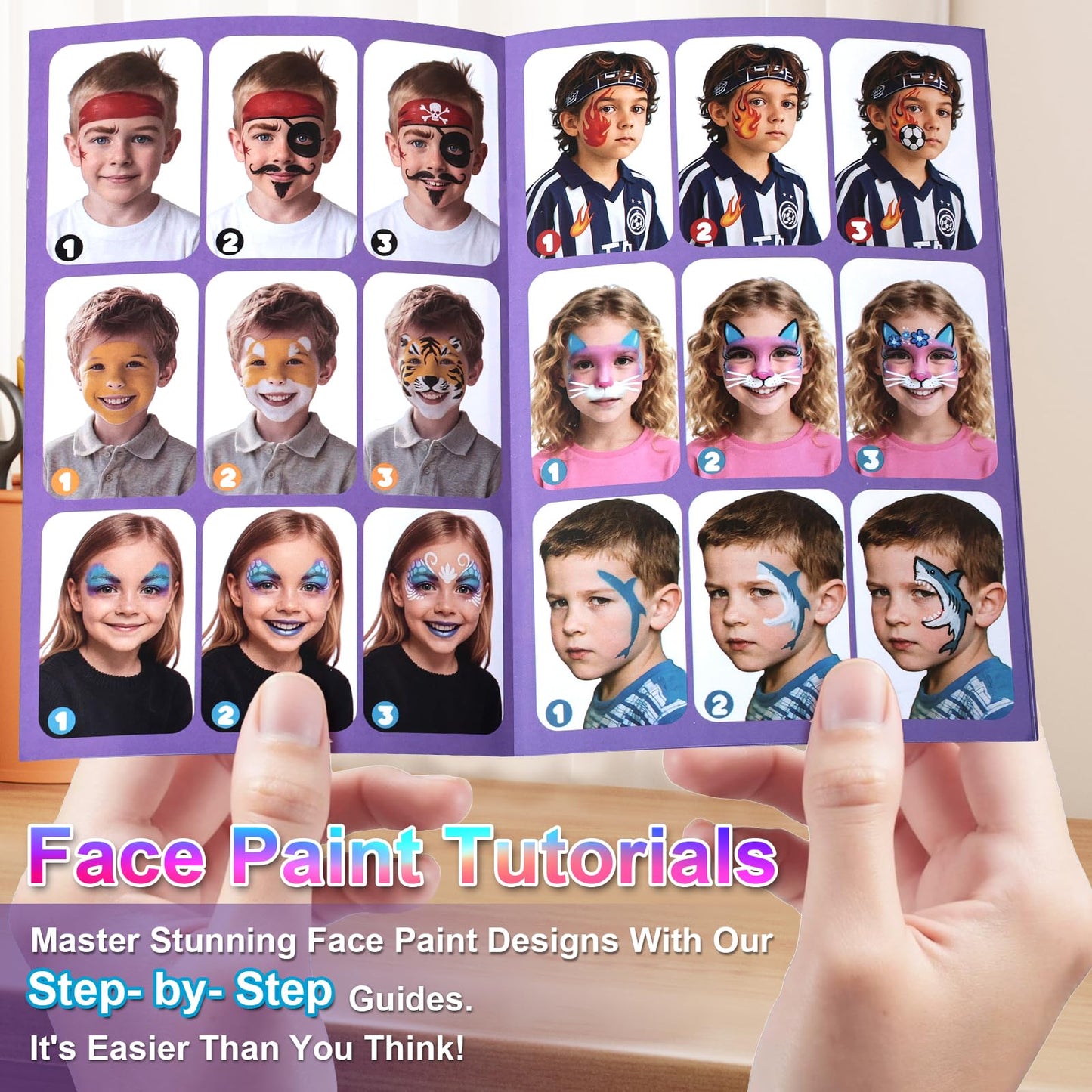 Fenmay Face Painting Kit for Kids - 42 Colors, Non-Toxic and Hypoallergenic, Stencils, Book, Brush, Sponge, and Professional Face Paint Makeup Palette- Safe and Easy to Use