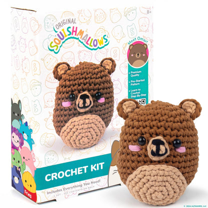 Original Squishmallows Omar the Bear Crochet Kit, Includes Yarn, Crochet Hook, Starter Hooks, Step-By-Step Tutorials, Exclusive Crochet Kit for Beginners, DIY Craft, Crochet Kits, Great Teen Gifts