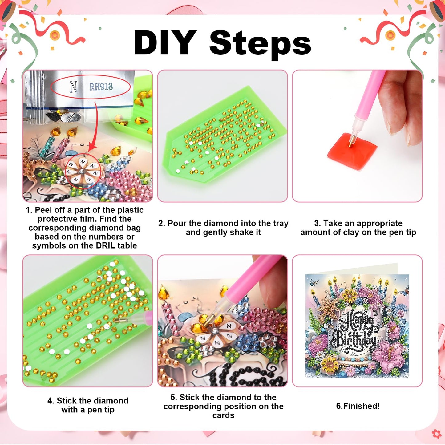 MUNORIAY Diamond Art Birthday Cards: 6 Pack Diamond Painting Greeting Cards Kits for Adults 5D DIY Special Shaped Rhinestone Birthday Folding Greeting Cards Gem Art with Envelopes Blessing Gifts