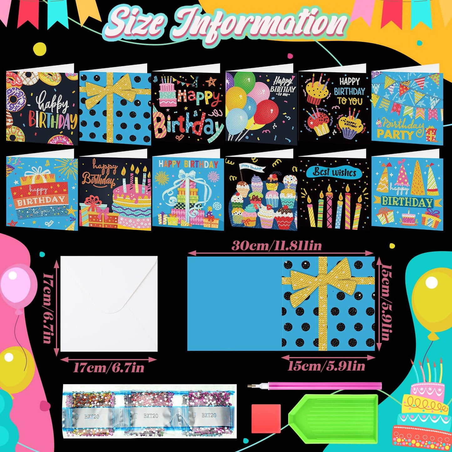 Saillong 12 Pack Happy Birthday Diamond Painting Greeting Card Kits DIY Diamond Art Cards with Envelopes Birthday Cake 5d Rhinestones Painting Kits for Adults DIY Crafts Family Friend Birthday Gifts