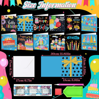 Saillong 12 Pack Happy Birthday Diamond Painting Greeting Card Kits DIY Diamond Art Cards with Envelopes Birthday Cake 5d Rhinestones Painting Kits for Adults DIY Crafts Family Friend Birthday Gifts