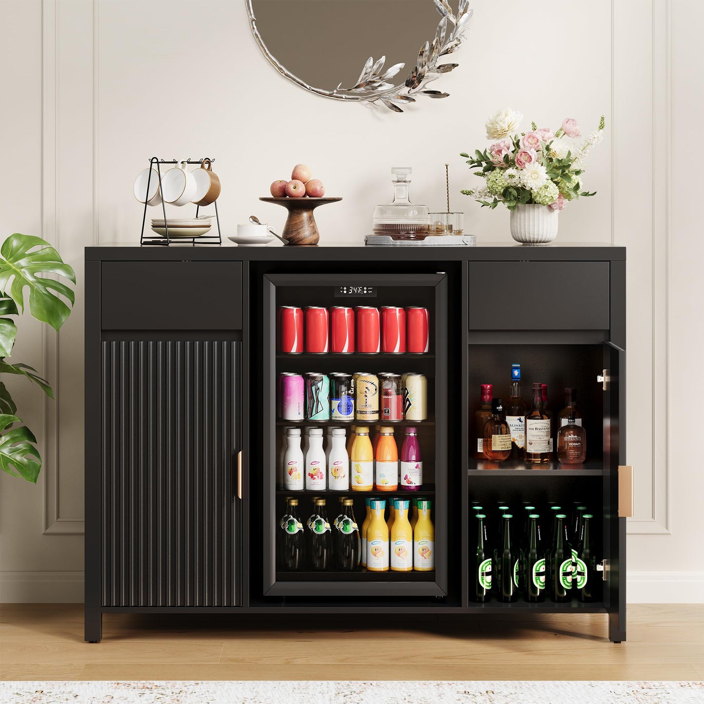 Garvee 53" Large Coffee Bar Cabinet with Fridge Space, Mini Fridge Cabinet with Wine Storage, Buffet Sideboard Table for Home, Fluted Liquor Cabinet with Wine Rack for Home, Living Room-Black