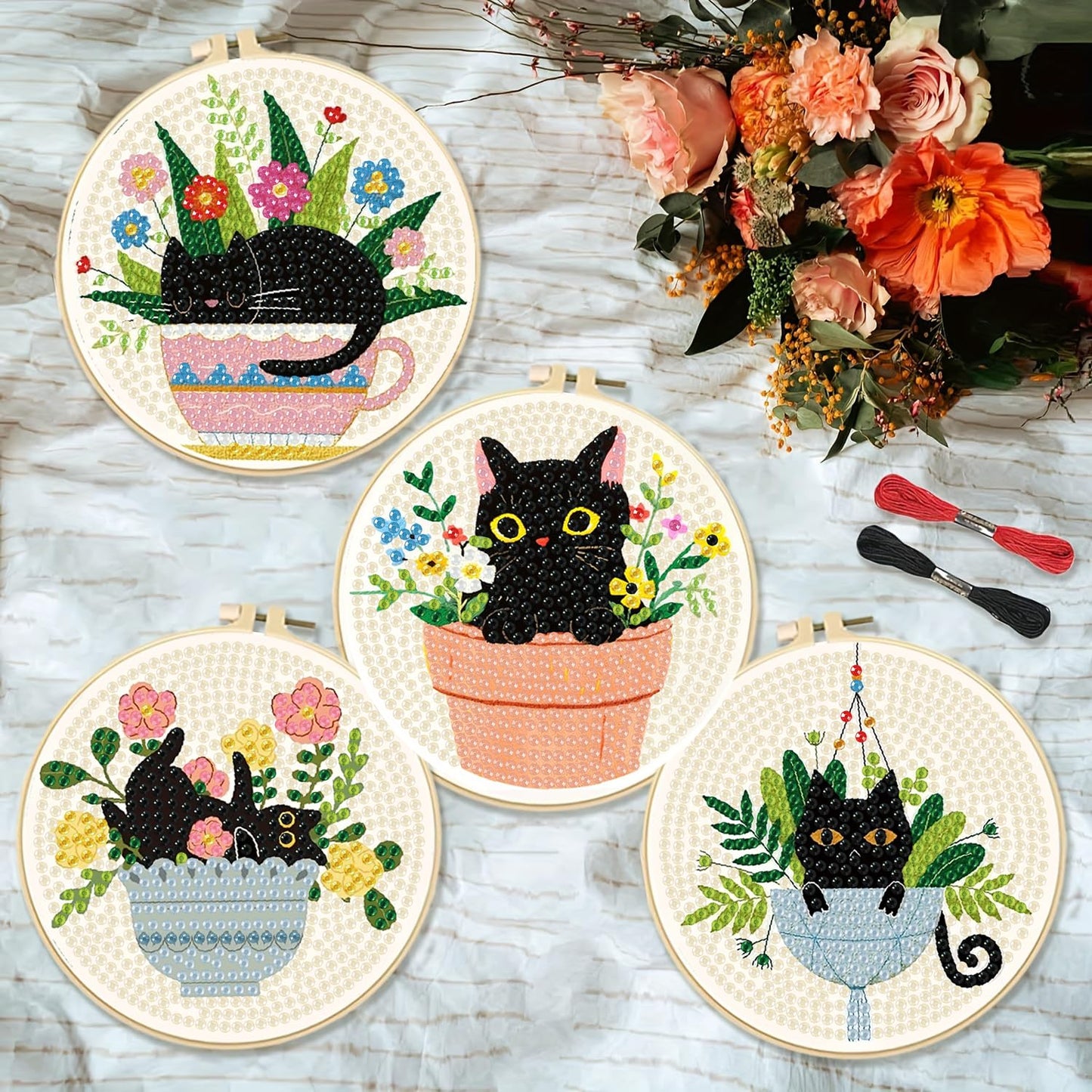 Clendo 8 Pcs Black Cat Diamond Art Coasters Kit - DIY 5D Small Diamond Painting Coasters with Holder, Flowers Diamond Art Kits for Adults Coasters, Arts and Crafts for Adults