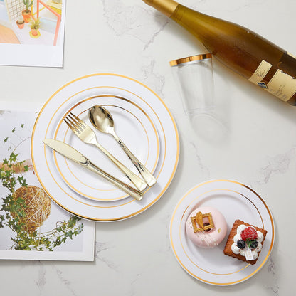 N9R 300PCS Gold Plastic Silverware, Heavy Duty Gold Plastic Cutlery Set Disposable Flatware Dinnerware, 100 Forks, 100 Spoons, 100 Knives, Perfect for Party, Wedding and Daily Use