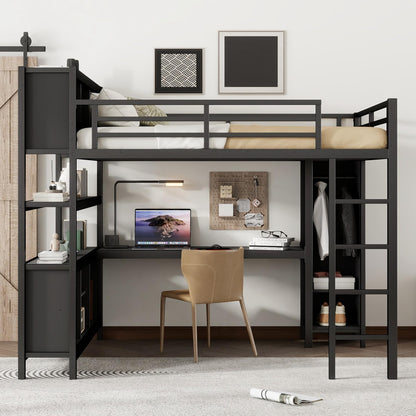 Queen Loft Bed with Wardrobe and Storage Cubes, Queen Size Loft Bed with Desk, Storage Shelf and Guardrail, Queen Size Loft Bed for Adults, Teens, Kids, Black