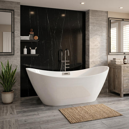 67" Acrylic Freestanding Bathtub, Deep Soaking Tub with Non-Slip Surface, Modern Free Standing Bath Tub, Chrome Drain, CUPC Certified, Easy Install, Space-Saving Bathtub for Bathrooms, White
