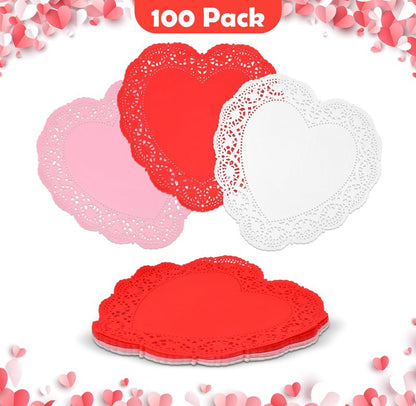 100 Pcs 12 Inch Valentine Heart Doilies Cutouts Paper Lace Doily Red Craft Gift Set for Table Party Decorations