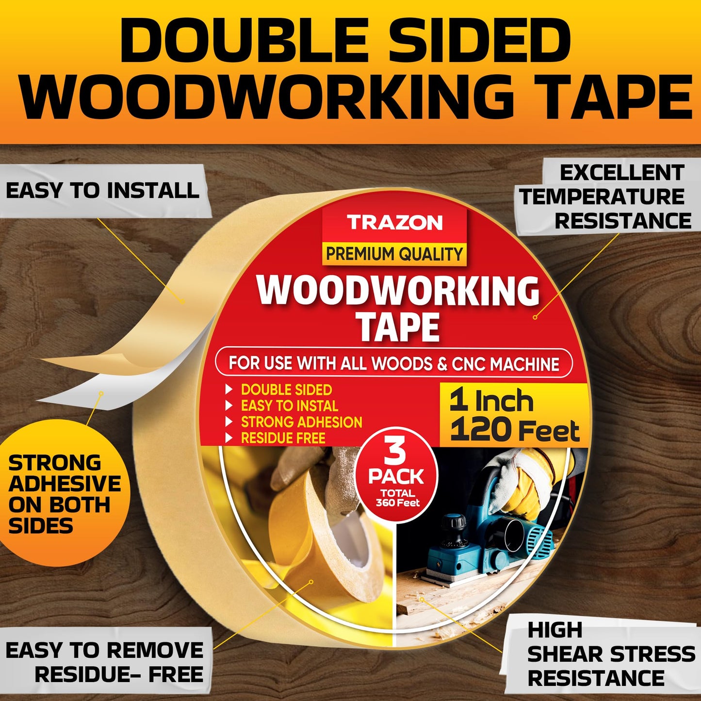 Trazon Double Sided Woodworking Tape Super Strong, 3 Pack, 1 Inch x 120 Feet, Wood Crafter Sticky Tool, Two Side Adhesive for Router Templates and CNC Machine, Removable & Residue Free