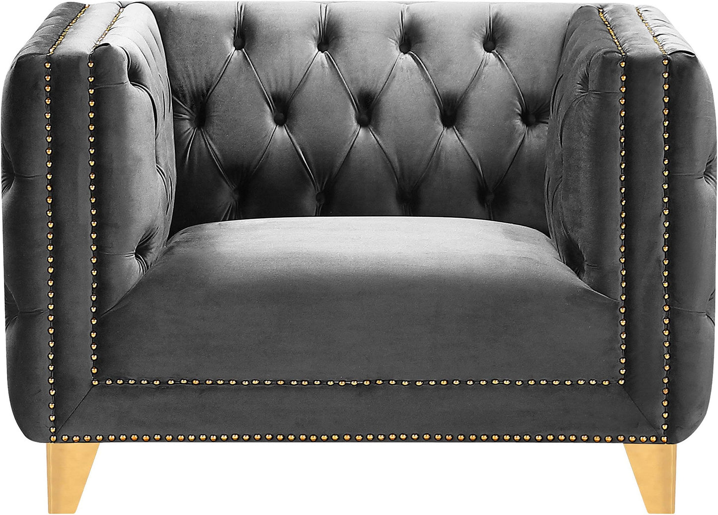 Meridian Furniture 652Grey-C Michelle Collection Modern | Contemporary Chair with Deep Button Tufting, Gold Nailhead Trim and Sturdy Gold Iron Legs, Grey Velvet, 44" W x 34" D x 30" H