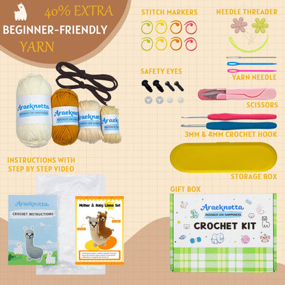 Araeknotta Crochet Kit for Beginners with Easy to Use Yarn, Crochet Hooks, Video Tutorial, Animal Amigurumi Craft Gift for Kids Women Adults (Llama 2 Pack)