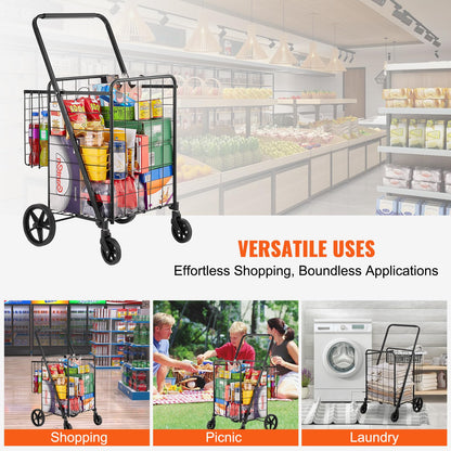 VEVOR Folding Shopping Cart, Jumbo Grocery Utility Cart with Double Baskets, 360° Swivel Wheels, 110 LBS Large Capacity Heavy Duty for Laundry, Shopping, Grocery, Luggage, Black