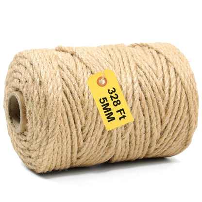 Jute Twine String - 328ft Eco-Friendly 5mm Natural Cord for Crafts, Packaging & Cat Scratchers | Heavy-Duty Rope for Garden Tying, Gift Wrapping & DIY Decor