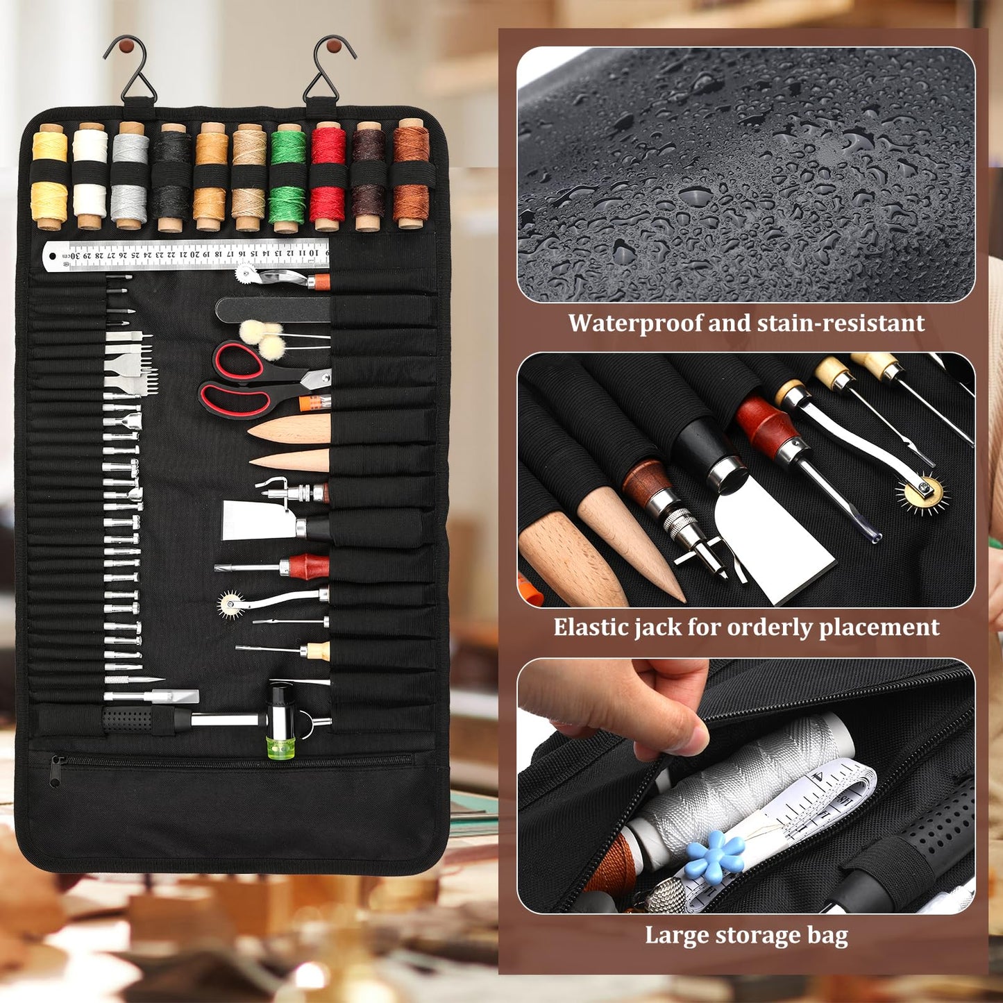 QMNNMA 102PCS Leather Working Tools Leather Tool Kit with Custom Storage Bag, Leather Carving Tools Leather Working Kit for Sewing Carving Cutting Punching Stamping