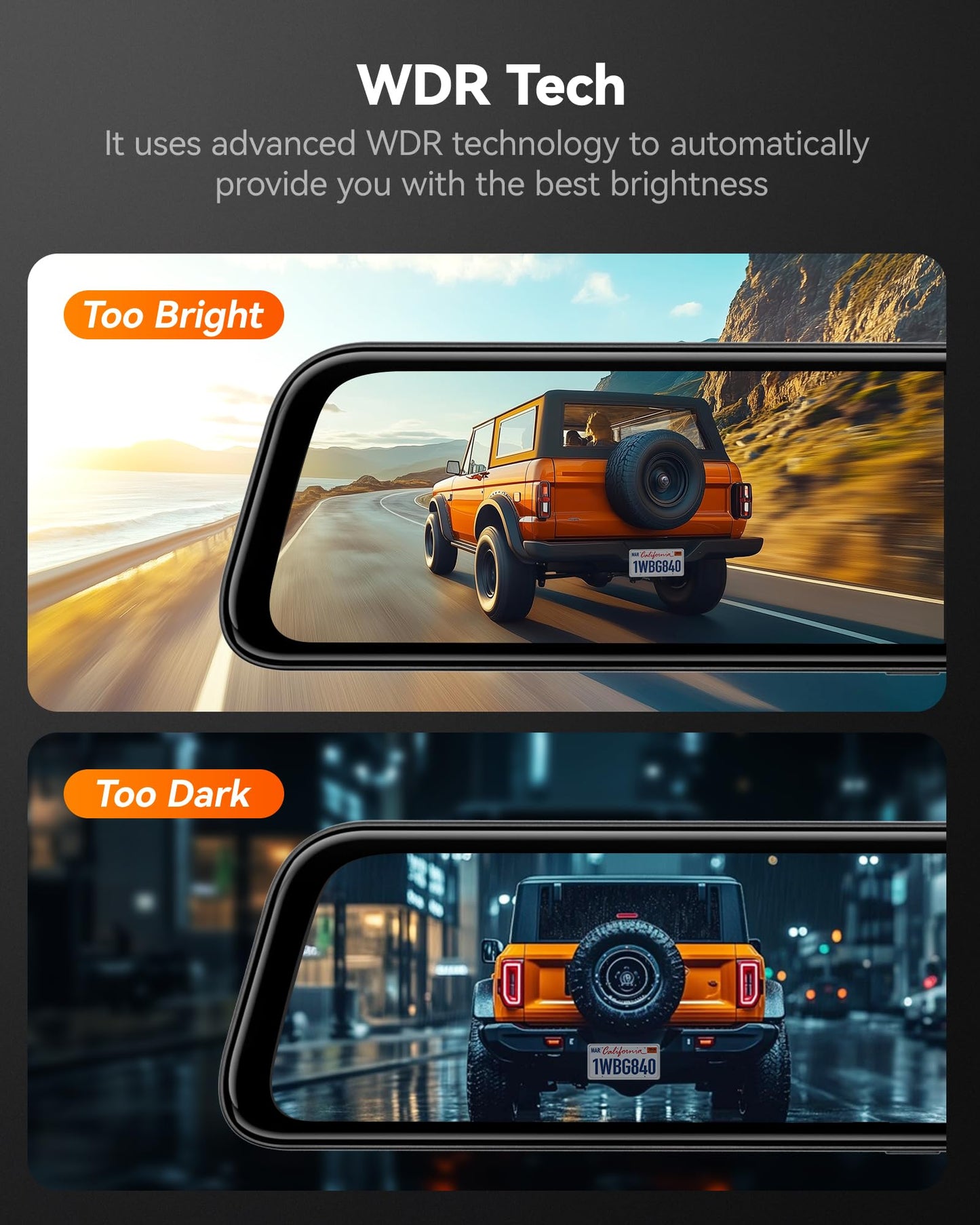 WOLFBOX G840S 12" 4K Mirror Dash Cam Backup Camera, 5.8GHz WiFi Smart Rearview Mirror for Cars & Trucks, Front and Rear View Dual Cameras, Night Vision, Parking Assistance, Included 32GB Card & GPS