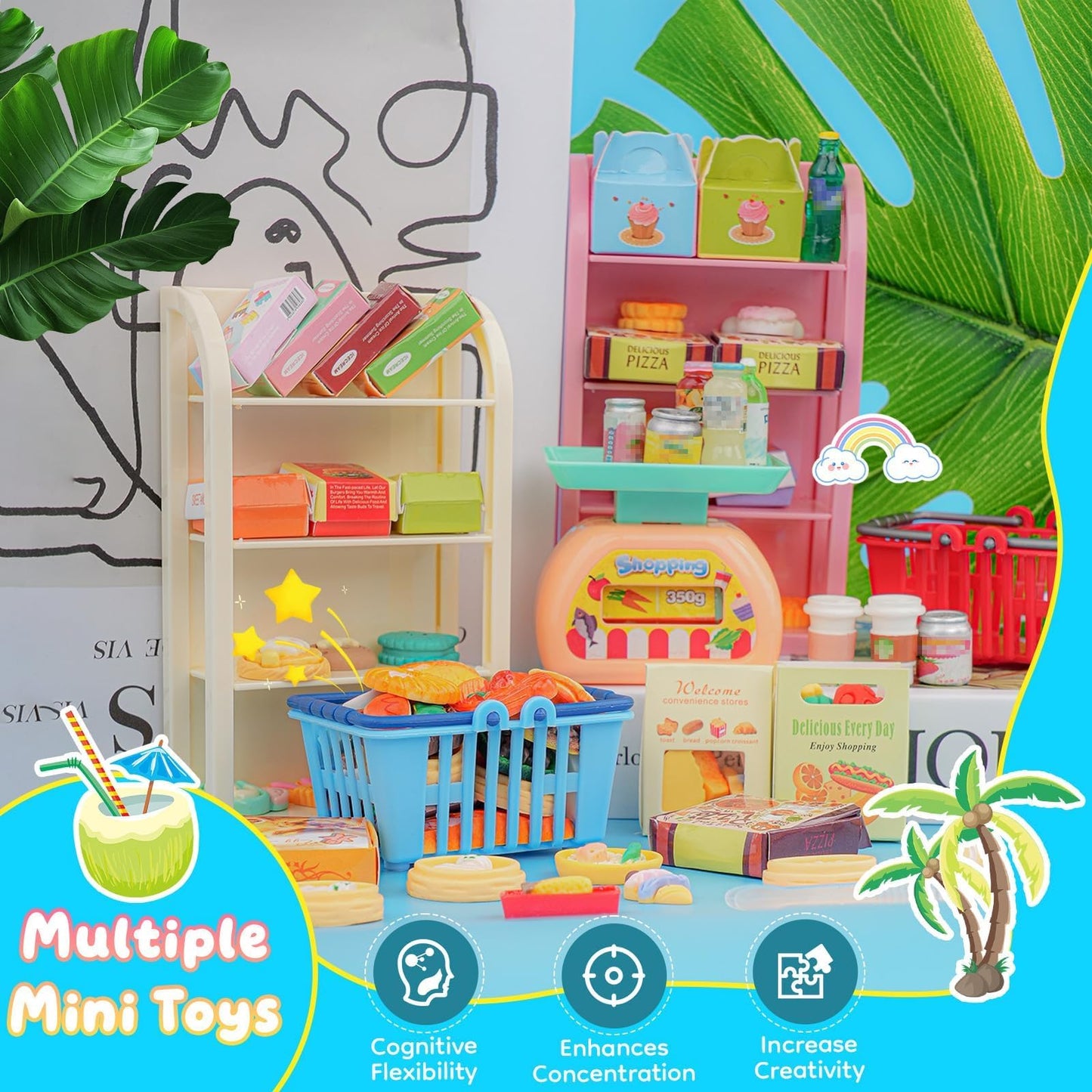 196Pcs Mini Shopping Cart Basket Trolley Grocery Game Model Miniature Drink Bottle Food Pizza with Box Supermarket Metal Handcart Toy Doll House Store Cosplay Pretend Kitchen Shelf Cash Register