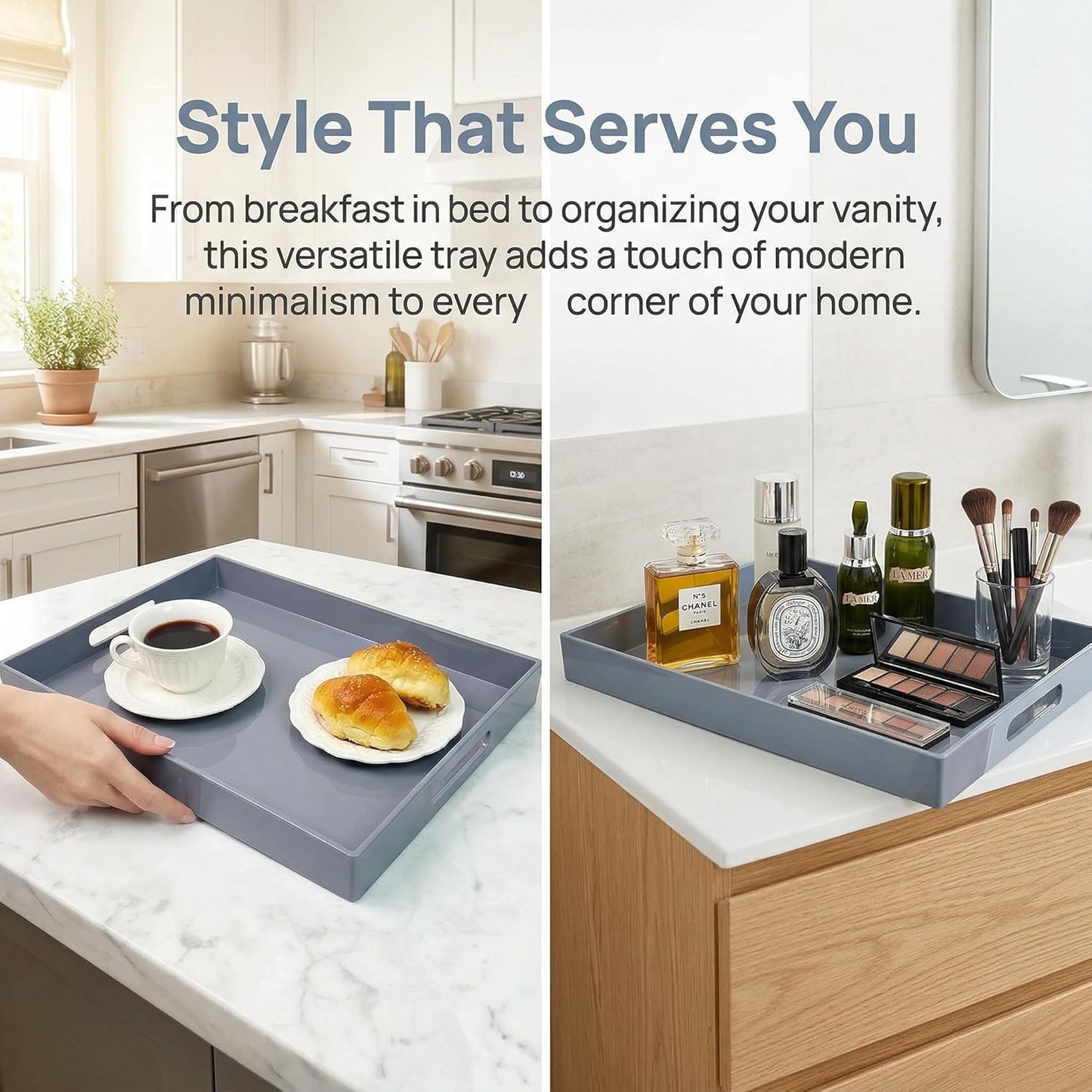 15.7 11.8 x1.6 Grey Decorative Tray, Rectangular Large Serving Tray with Handles, Plastic Coffee Table Tray