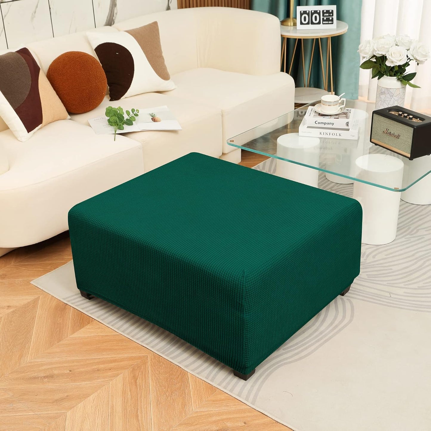 OBCREAT Ottoman Covers, Stretch Jacquard Ottoman Slipcover Soft Thick Folding Storage Cover Rectangle Footrest Stool