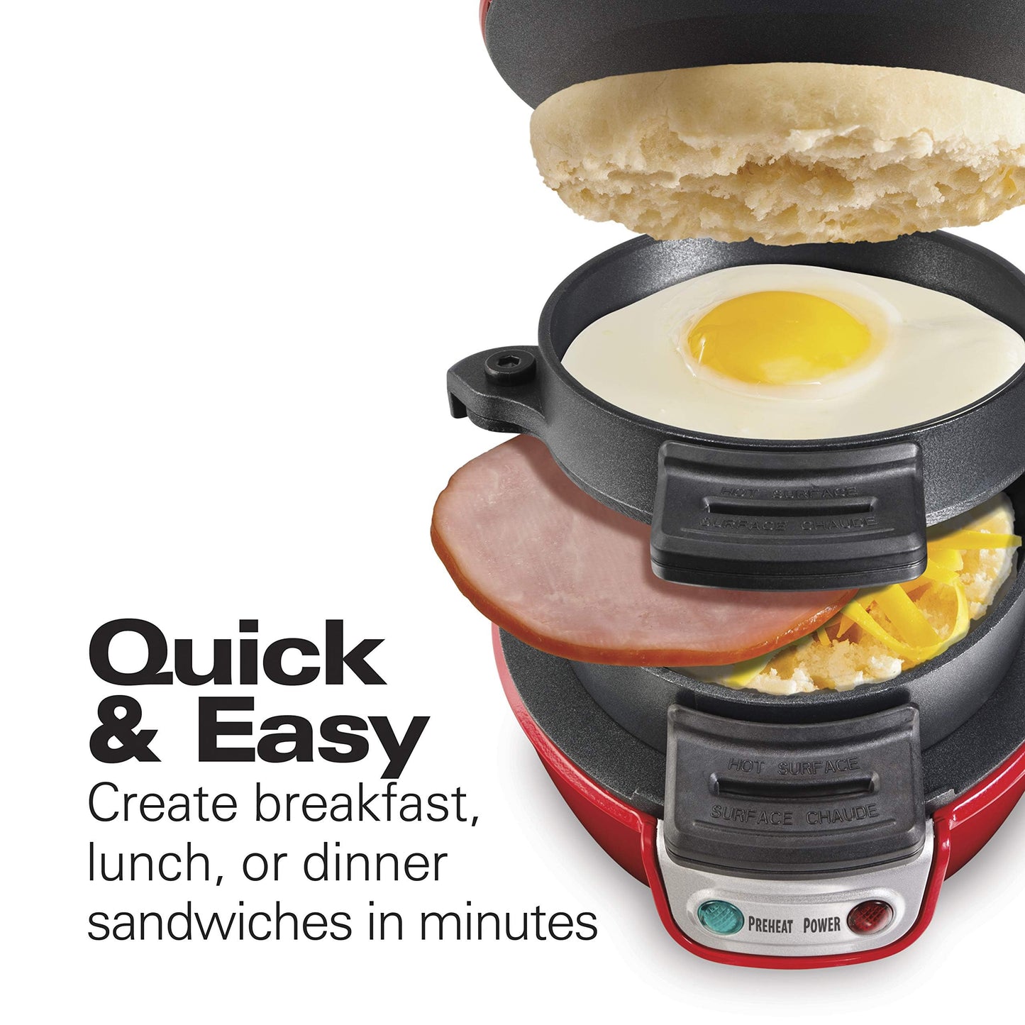 Hamilton Beach Breakfast Sandwich Maker with Egg Cooker Ring, Customize Ingredients, Perfect for English Muffins, Croissants, Mini Waffles, Perfect White Elephant Gifts, Coral (25483)