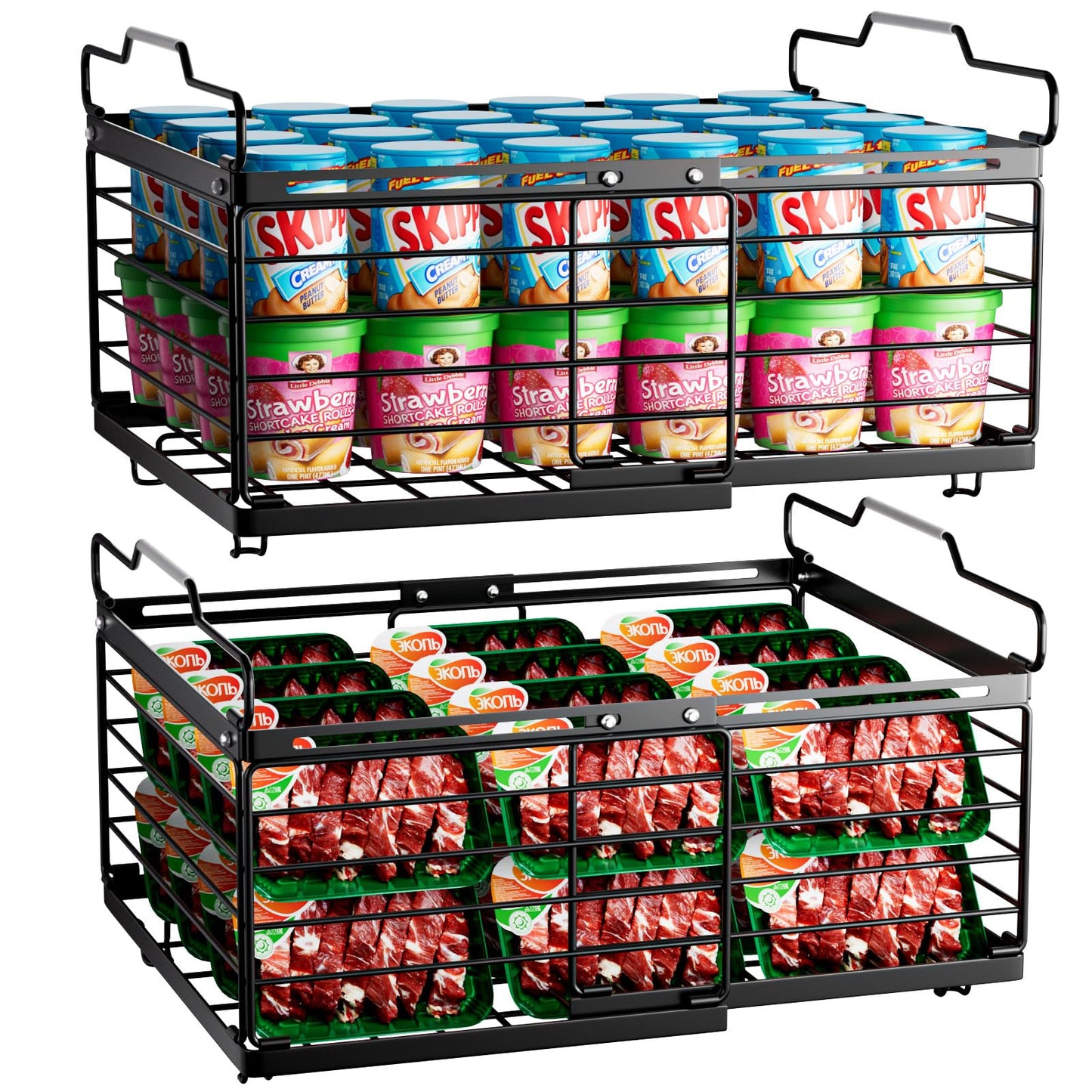 OdoVow Freezer Organizer Bins, 2 Packs Large Expandable Stackable Chest Freezer Containers with Handle, Metal Adjustable Storage Baskets for Fridge, Deep Freezer, Cabinet, Kitchen, Pantry - Black