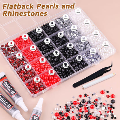 14000PCS Flatback Pearls and Rhinestones for Bedazzling Kit, Red White Black 3-10mm Resin Rhinestones and Half Pearls for Crafting, Nail Art Crafts Dec with 3pcs B7000 Jewelry Glue