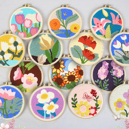 Allazone 3 Set Punch Needle Embroidery Starter Kits with Flower Pattern, Punch Needle Tool Threader Fabric, Yarn, Embroidery Hoop for Crafts, Home Decor