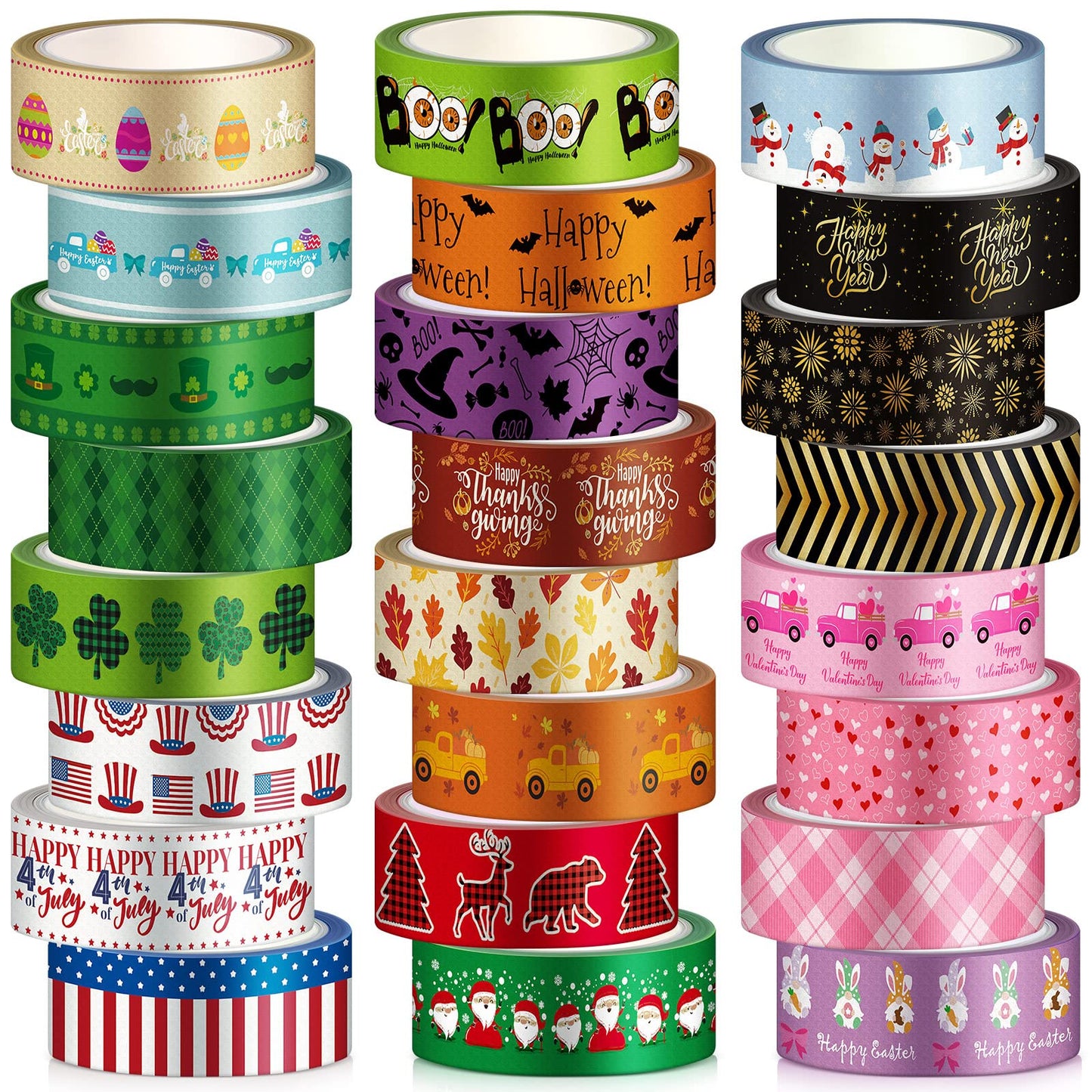 24 Rolls Holiday Washi Tape Set, Halloween New Year Festivals Decorative Tapes Easter Irish Day Four Leaf Clover Pattern for Scrapbooking, DIY Crafts, Journals, Gift Wrapping, 16.4 ft Long/roll