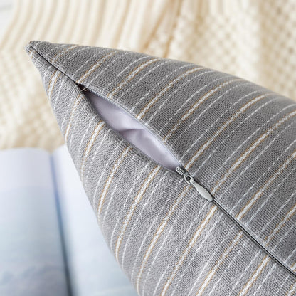 20x20, Set 2, Kevin Textile Grey and Beige Farmhouse Striped Patchwork Linen Decorative Throw Pillows Covers of Modern