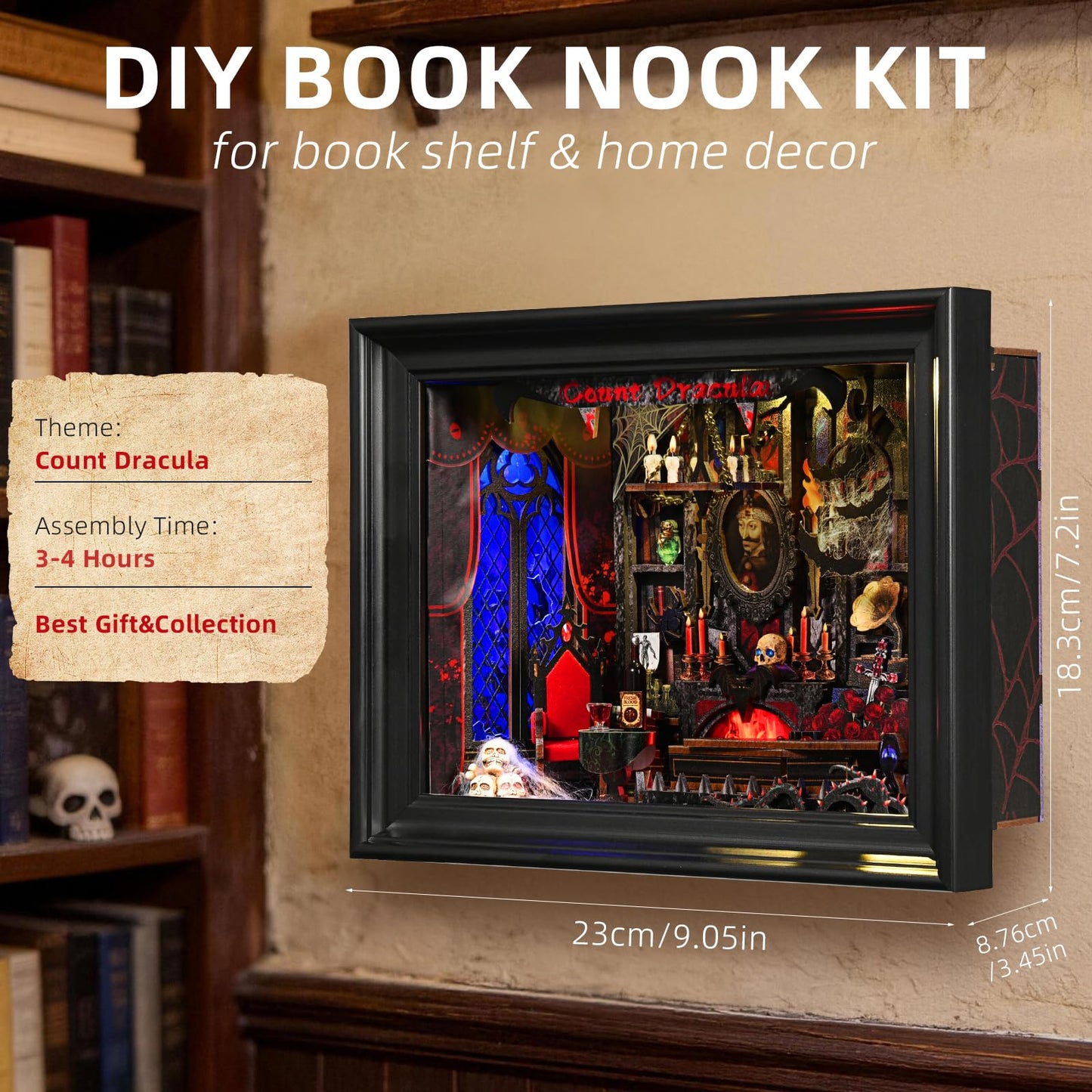ETKVR Book Nook Kit, Picture Frame Booknook, Wall Mounted Miniature Dollhouse Kit, DIY 3D Wooden Puzzle for Home Bookshelf Decoration - Vampire Count Dracula