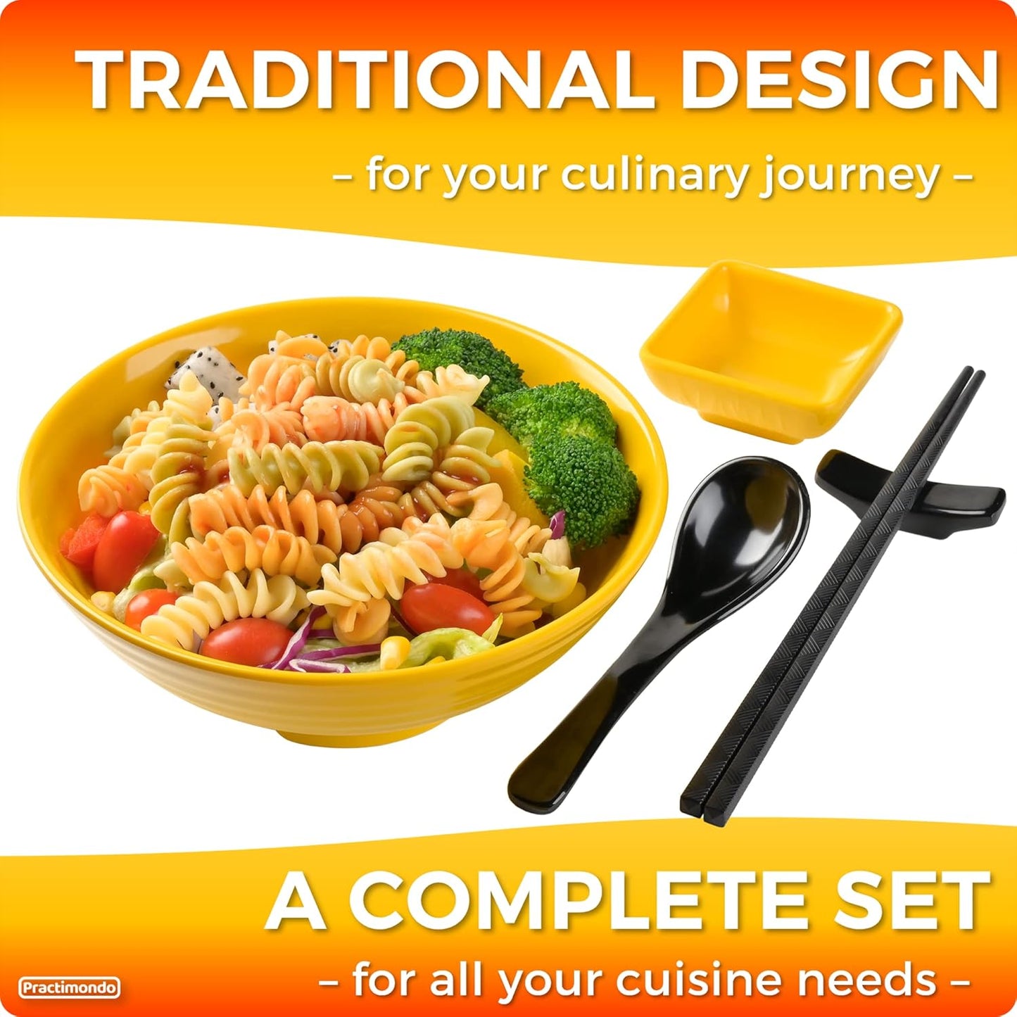 Unbreakable Ramen Bowl Set with Chopsticks and Spoon, 2 Large Japanese Style Melamine Bowls for Pho Soup, Yellow