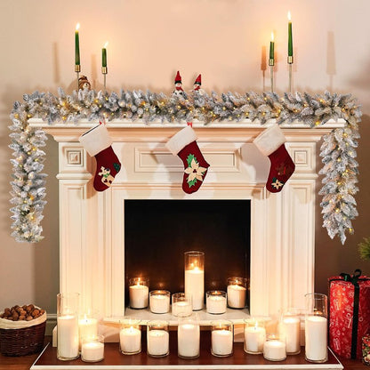 KOIUEYW Flocked Garland with Lights,9FT Battery-Powered Pre-Lit Christmas Garland, Glittered Artificial Christmas Garland with Warm LEDs for Mantle Home Fireplace Stairs Party Decoration