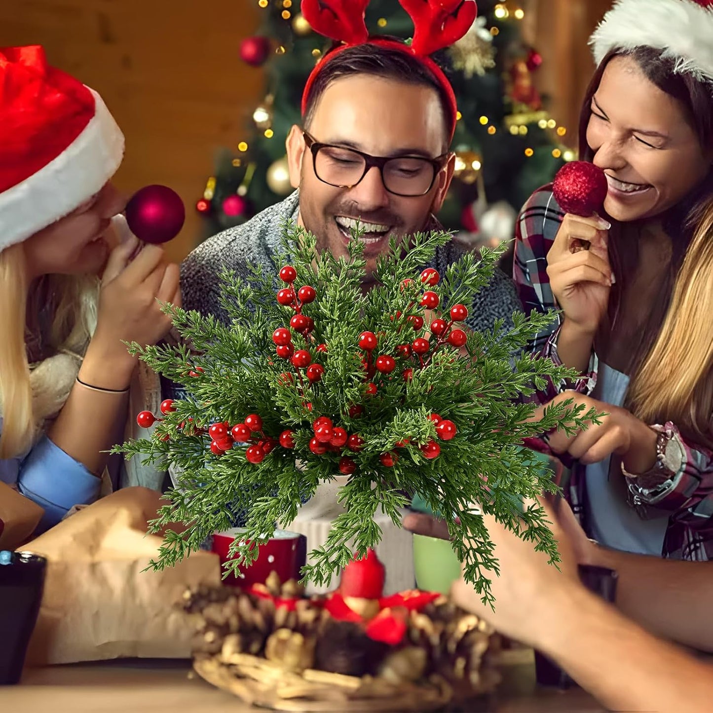 60 12.9" Waipfaru Pcs Christmas Artificial Pine Branches, Faux Evergreen Norfolk Pine with Red Berry Stems, Greenery