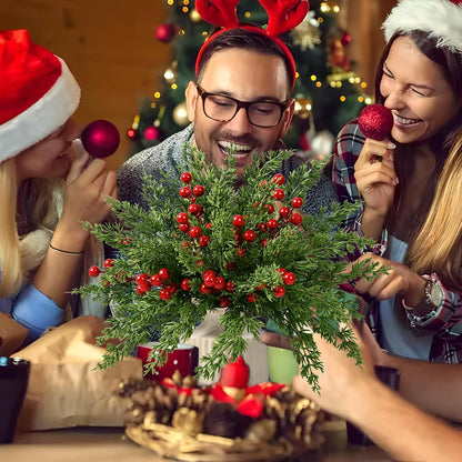 60 12.9" Waipfaru Pcs Christmas Artificial Pine Branches, Faux Evergreen Norfolk Pine with Red Berry Stems, Greenery