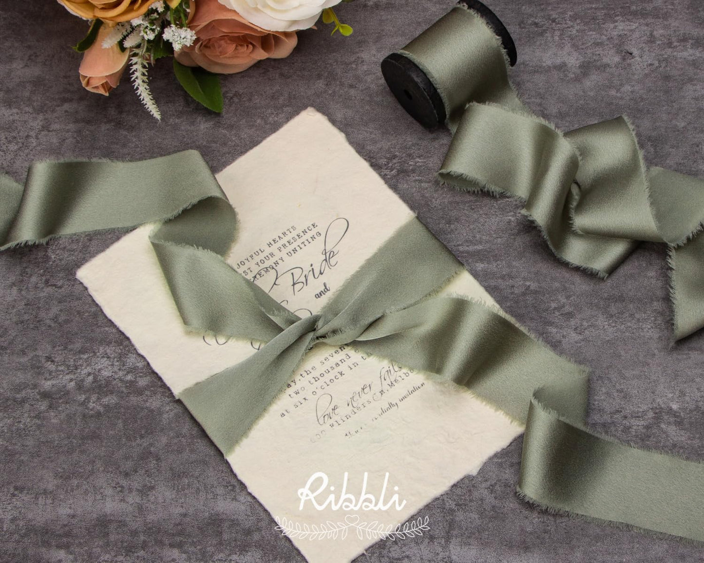 Ribbli Dusty Sage Green Silk Satin Ribbon 1.5 Inch x 30 Yard Handmade Frayed Chiffon Dusty Sage Ribbon for Gift Wrapping Wedding Invitations Bridal Bouquets Home Decor