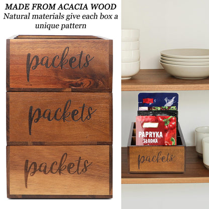 LBEMEY Packet Organizer, Acacia Wood Packet Storage Organizer with 3 Compartments,Farmhouse Kitchen Organization for Spice, Gravy, Taco, and Dressings Packets for Kitchen, Brown Labeled Packets