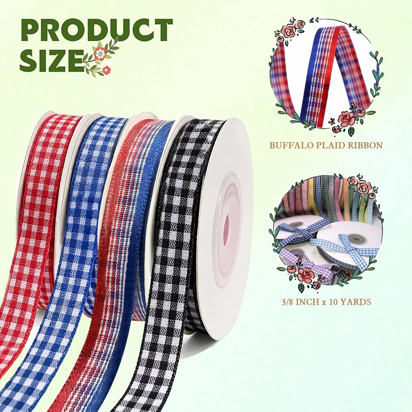 4 Rolls Summer Gingham Ribbon, 4th of July Buffalo Plaid Ribbon Thin Checkered Polyester Fabric for Gift Wrapping DIY Crafts Picnic Home Party Decor, Blue/Black/Red/Mix, 10 Yds x 3/8 In, Total 120 Fts
