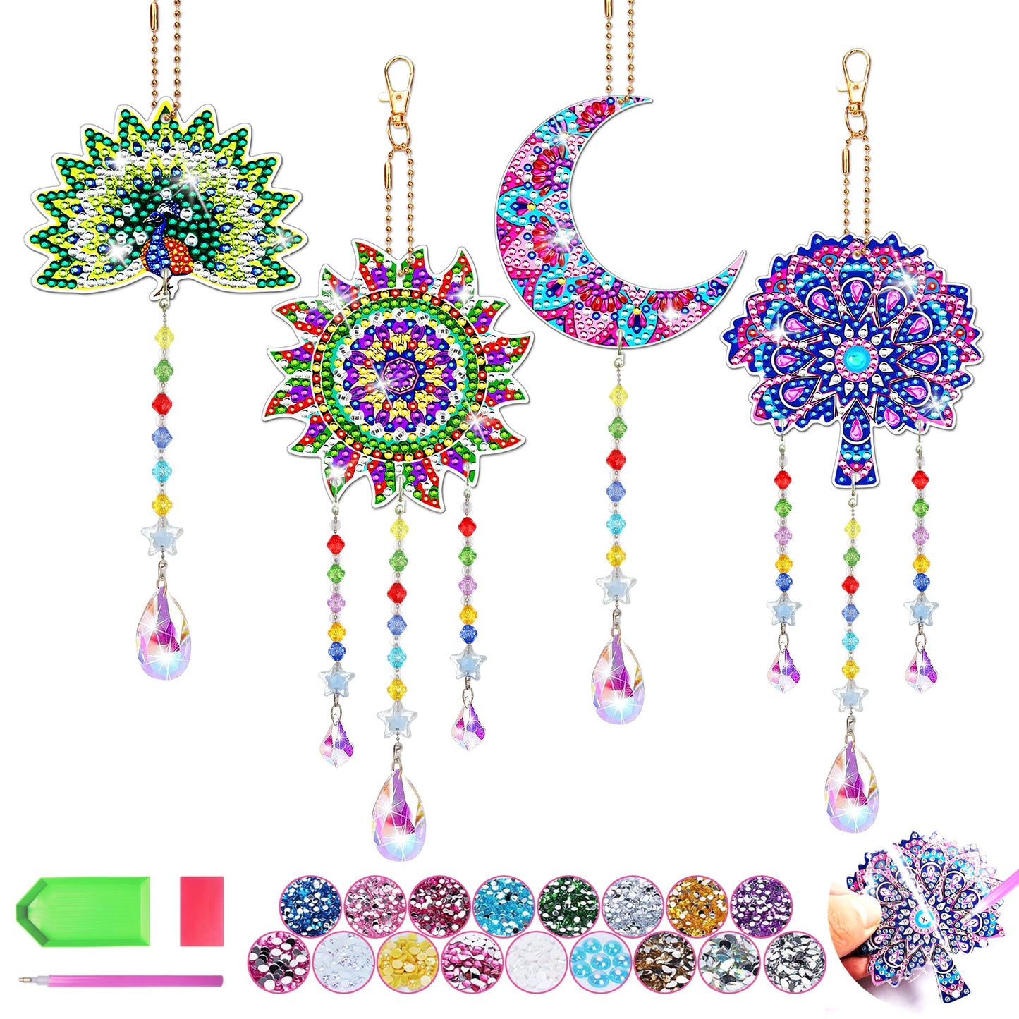 4pcs Diamond Art Kits for Kids/Adults, Arts and Crafts for Kids Ages 8-12, Birthday Gifts for 6 7 8 9 10 11 Year Old Girl, Paint by Numbers Kit for Kids Wind Chimes Gem Art Crystal Window Sun Catcher